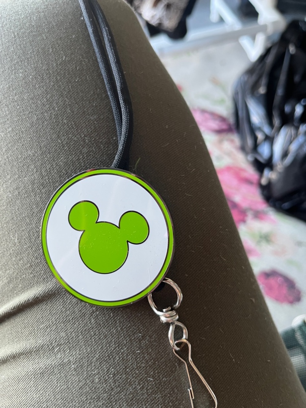 Disney Green and White Mickey Head Badge Reel Lanyard